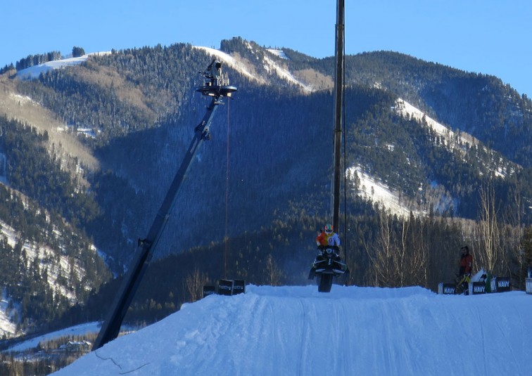The SuperCrane on the SnoCross course extends 135 ft. in the air.