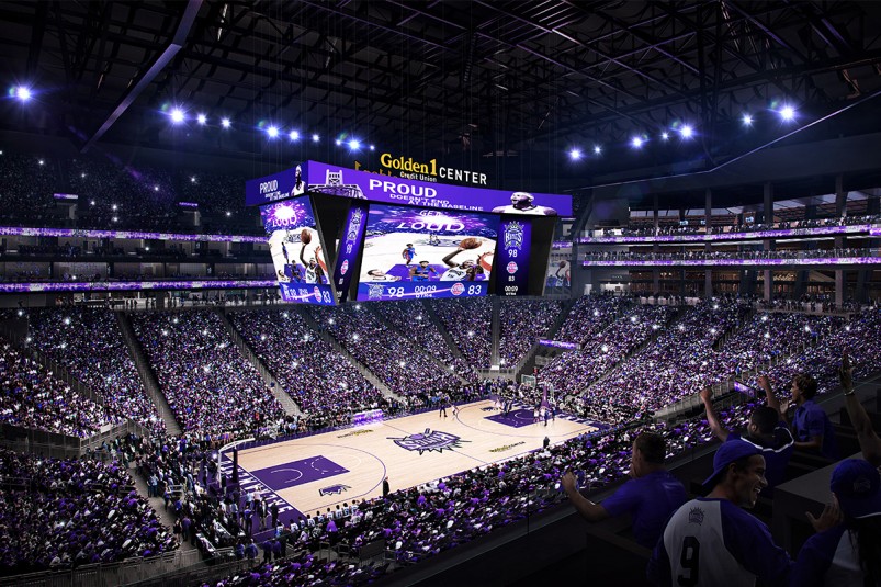A rendering of Sacramento’s Golden 1 Center arena with its Panasonic 4K videoboard