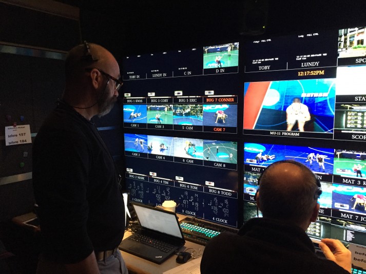Stos Hall (left), senior coordinating producer for the ESPN3 production oversees the production of nine channel offerings on the digital side.