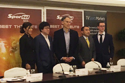 (l-to-r) Beatrice Lee, Hang Yu, Jim Small, Sam Li, and Richard Welbirg discussed the state of the China sports TV and media market at Sportel.