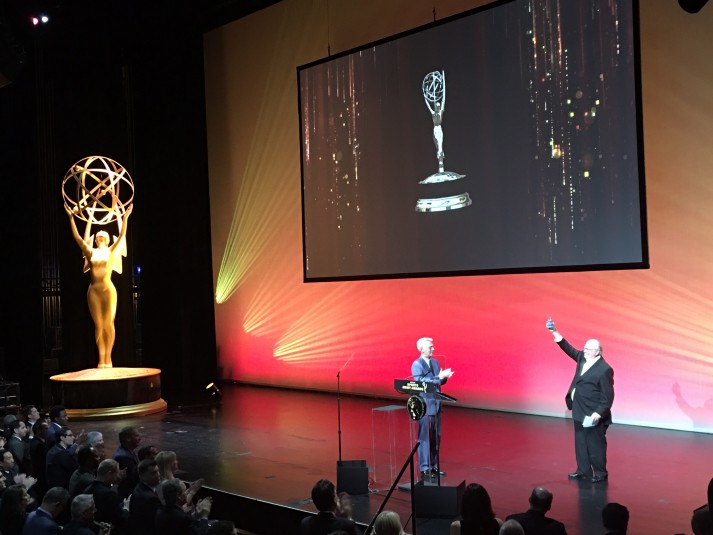 CBS Sports Chairman Sean McManus (left) had the honor of introducing long-time CBS Sports announcer Verne Lundquist at the Sports Emmys on May 10. Lundquist received the Lifetime Achievement Award.