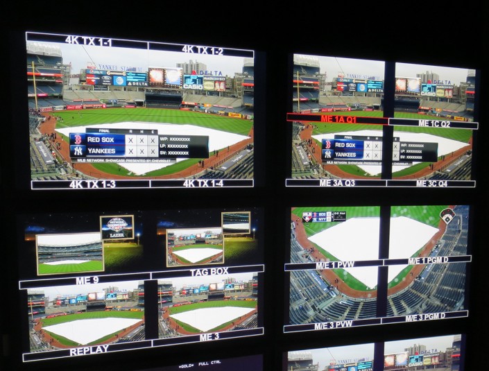 The four 3G-SDI signals per 4K camera feed are displayed in the top-left monitor seen here on Riverhawk’s monitor wall.