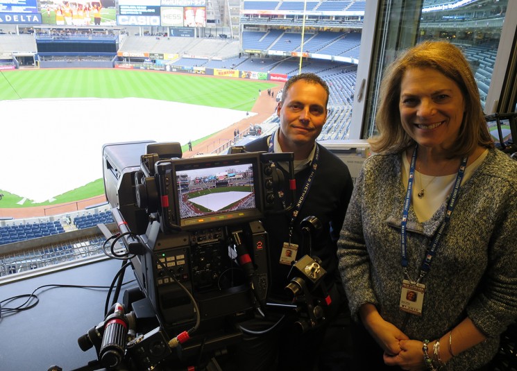 MLB Network’s Susan Stone and Tom Guidice on hand for the 4K production at Yankee Stadium on May 6