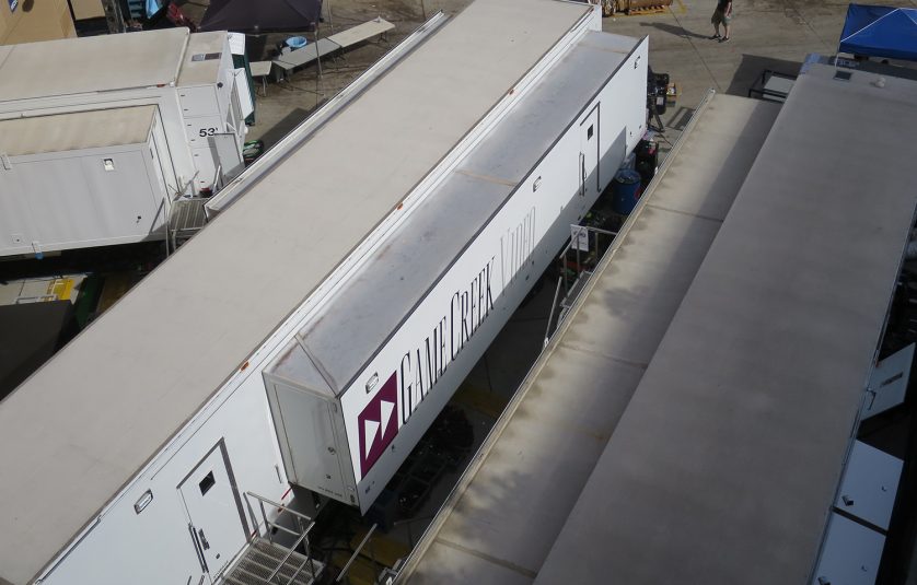 Fox’s compound comprises just three trucks — Game Creek’s FX A and B and Edit B — because the Pregame show and game tlecast will be produced out of the same truck.