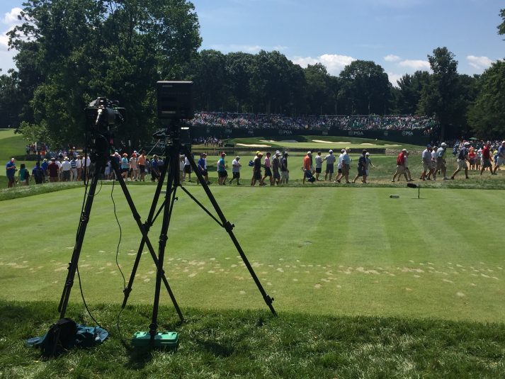 Seven Trackman systems (the square unit to the right of the camera) will be moved around the course to provide content throughout CBS and TNT’s coverage.