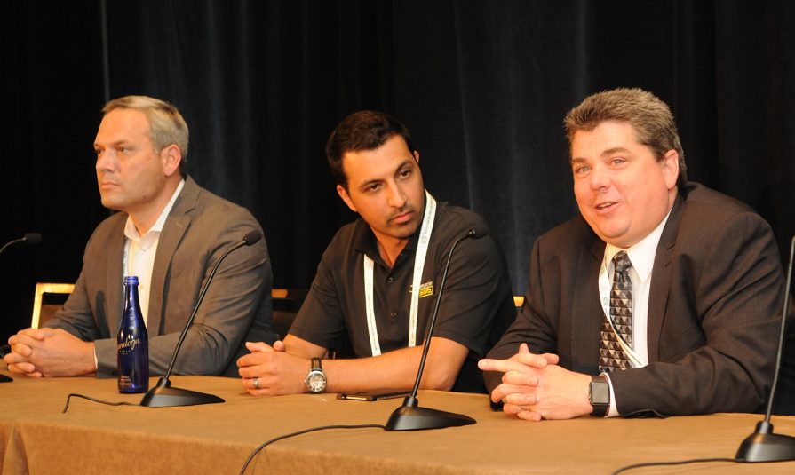 The panel on DAM Bursting: Challenges of Multi-Angle Multiplication and Syncing Iso Feeds: (from left) NBA’s Chris Halton, Evertz’s Nima Malekmanesh, and NHL’s Grant Nodine