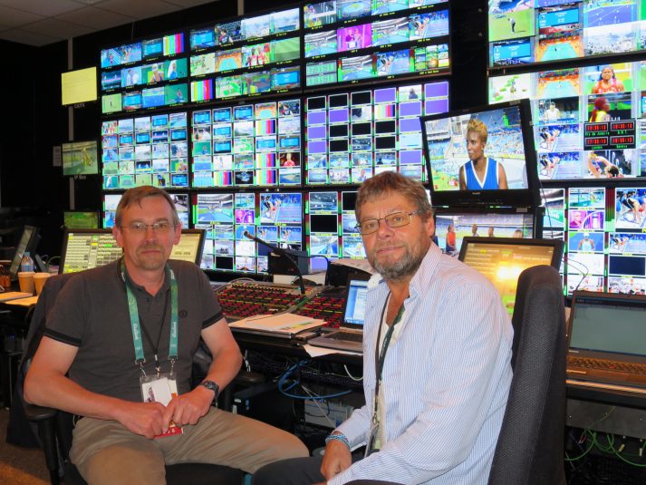 Richard Morgan (left) and Jonny Bramley of BBC Sport inside the BBC's Rio Olympics broadcast operations center.