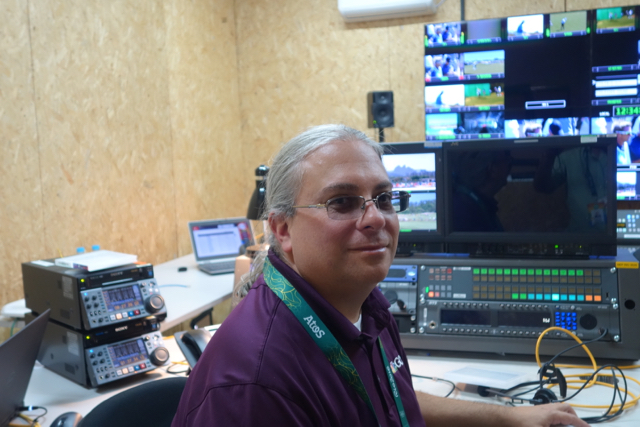 NBC's Marc Caputo inside one of NBC's control rooms at the Olympic Golf Course.