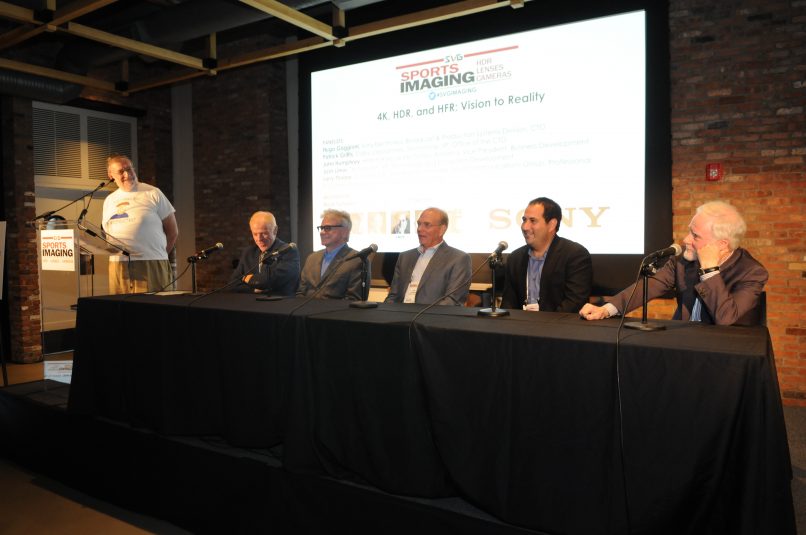 At SVG’s Sports Imaging Forum, a panel on 4K, HDR, and HFR was moderated by Mark Shubin (far left) and featured (from left) Sony Electronics’ Hugo Gaggioni, Dolby Laboratories’ Patrick Griffis, Hitachi Kokusai Electronics America’s John Humphrey, Technicolor’s Josh Limor, and Canon U.S.A.’s Larry Thorpe. 