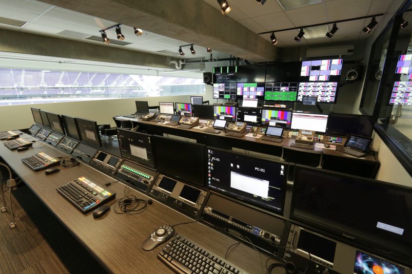 Inside the Vikings’ video-control room. In addition to production personnel seated at the three benches, approximately 30 game-day staffers will be seated at the window overlooking the field.
