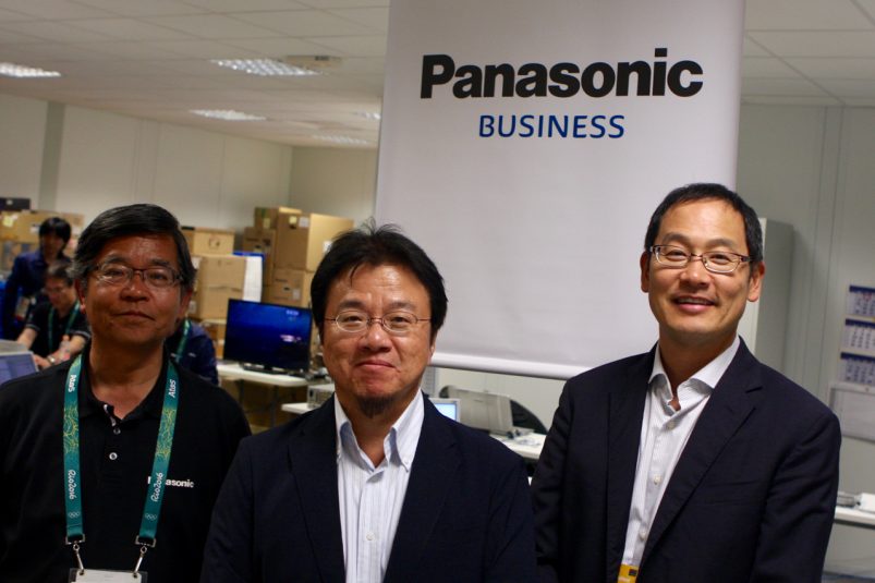 (left-to-right) Panasonic INB Division's Koji Yamamoto, Kunihiko Miyagi, and Kiyoshi Tsumagari are on hand at the Rio Olympics where Panasonic has more than 100 P2 cameras and decks in use by OBS.