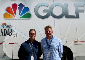 Kevin Rabbitt, NEP CEO (left) and Mike Werteen, NEP U.S. Mobile Units co-president, at the Ryder Cup where 21 NEP trailers are in use.