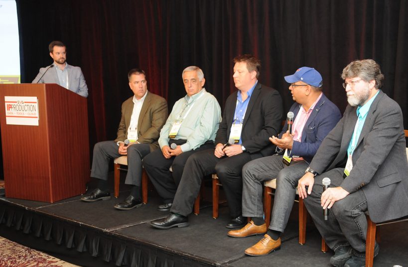 Moderated by SVG’s Brandon Costa (standing), the Picking an IP Router panel comprised (from left) NBC Sports’ Tim Canary, Brocade’s AJ Casamento, Grass Valley’s Robert Erickson, Evertz’s Mo Goyal, and Imagine Communications’ John Mailhot.