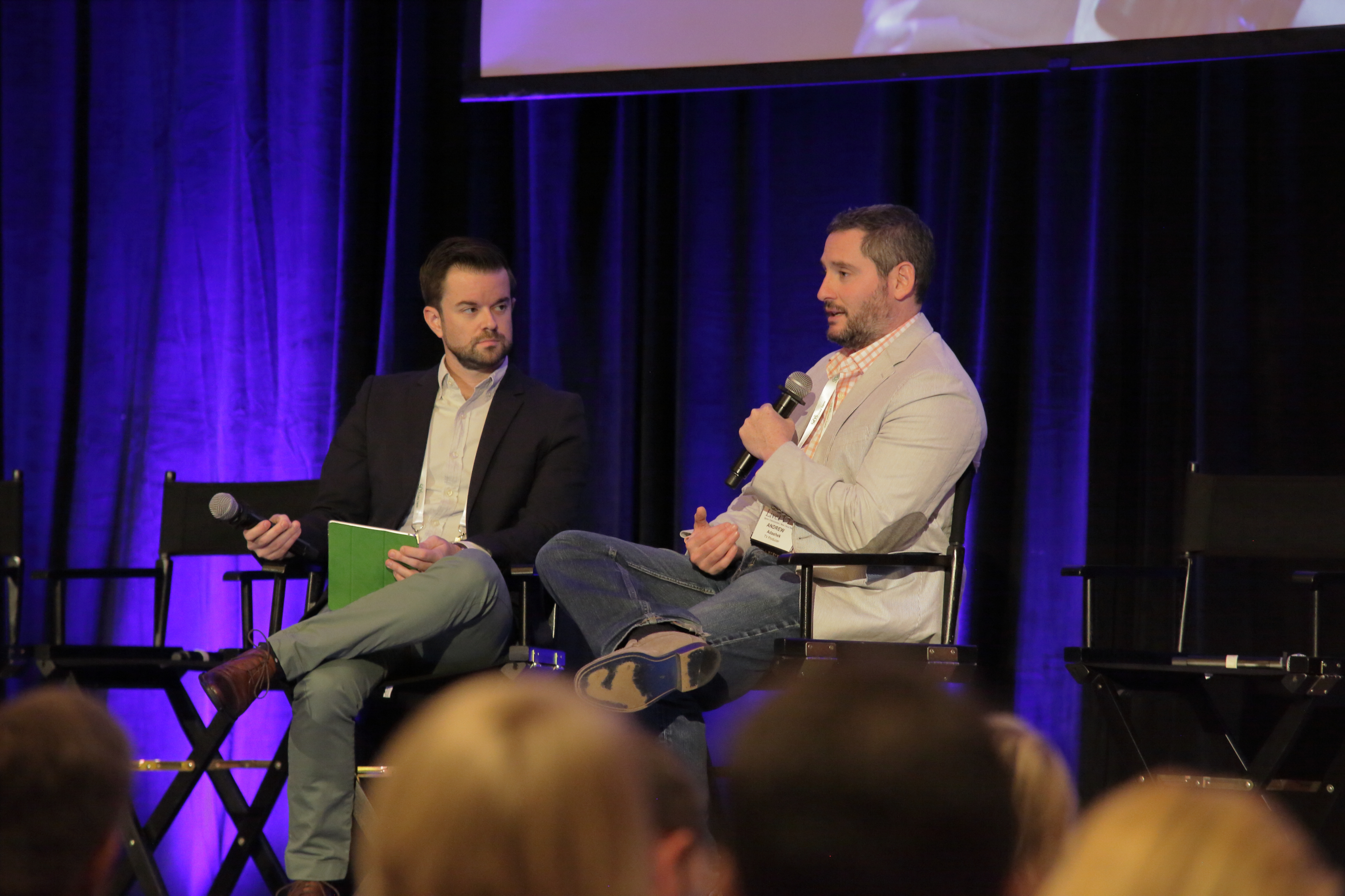 Andrew Adashek (right) spoke on his experiences at Twitter, The Voice, and more during a keynote conversation with SVG's Brandon Costa.