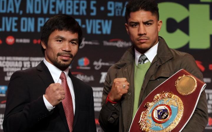 Manny Pacquiao (left) and Jessie Vargas will fight Saturday night on PPV telecast produced by Top Rank.