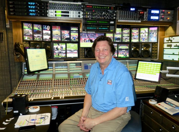 Fred Aldous at his Super Bowl LI battle station: the Calrec Apollo audio console inside Game Creek Video's Encore production unit.